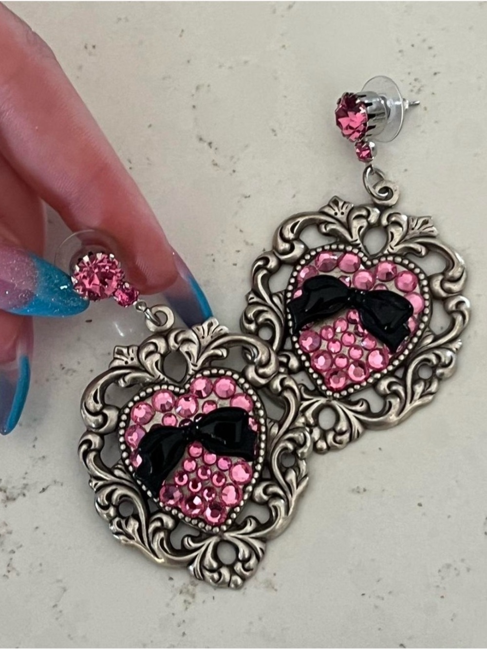 Pink Crystal Heart Drop Earrings with Black Bow Accent